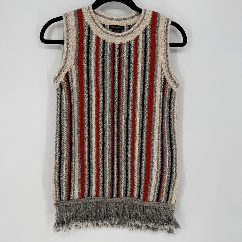 MASSIMO DUTTI STRIPED FRINGE SLEEVELESS SWEATER XS BOHO ECLECTIC LAGENLOOK CHIC